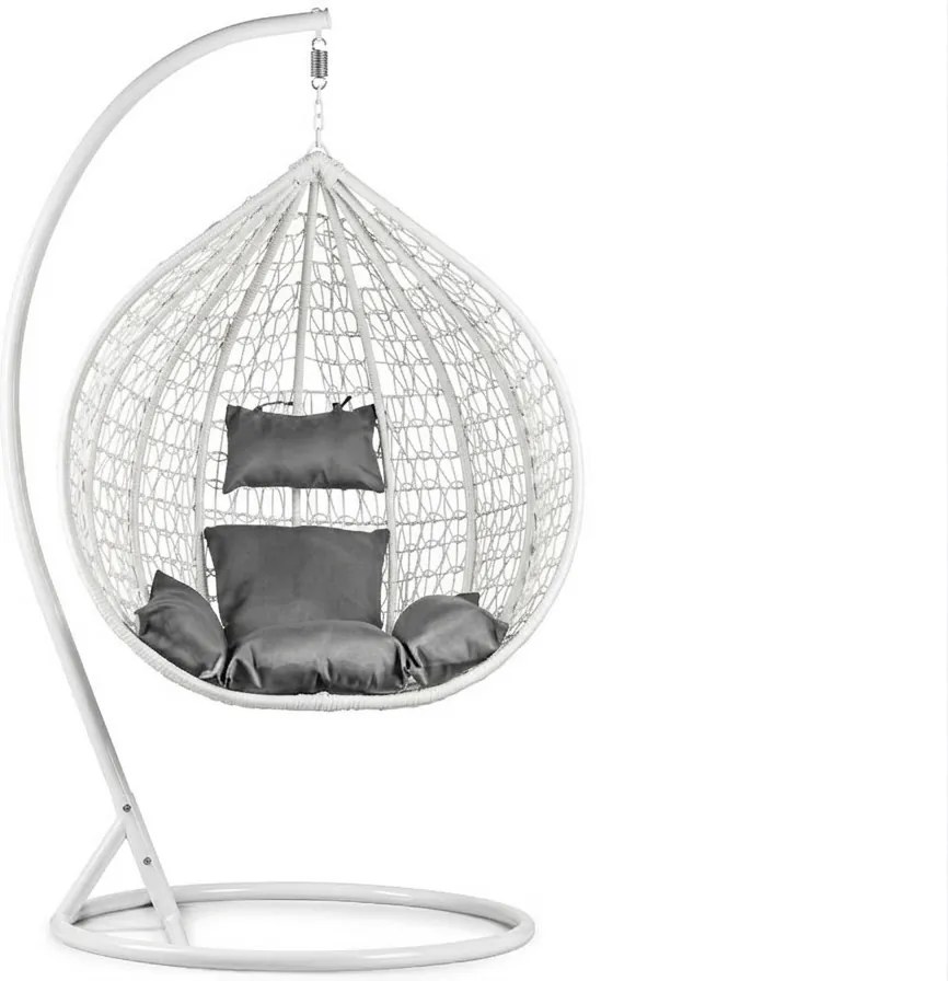 Biele závesné kreslo KOKON so stojanom, sivý vankúš