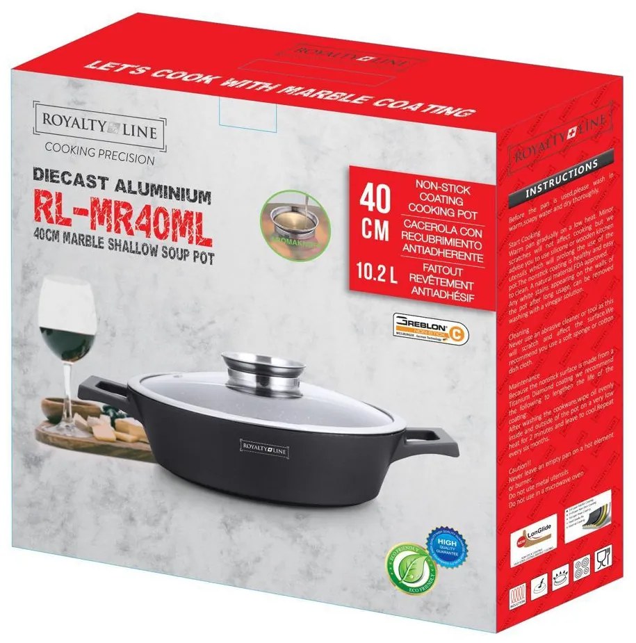 Plytký kastról s mramorovým povrchom a aromatickou pokrievkou RL-MR40ML Royalty Line / 40 cm / čierna