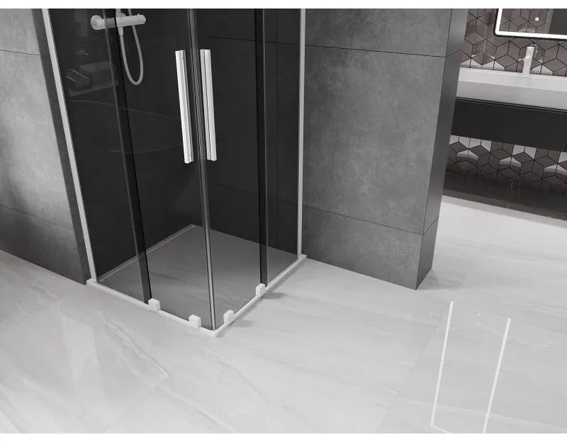 Mexen Velar L Duo, sprchový kút s posuvnými dverami 90 x 90 cm, 8mm šedé sklo, biela matná, 871-090-090-02-43-20