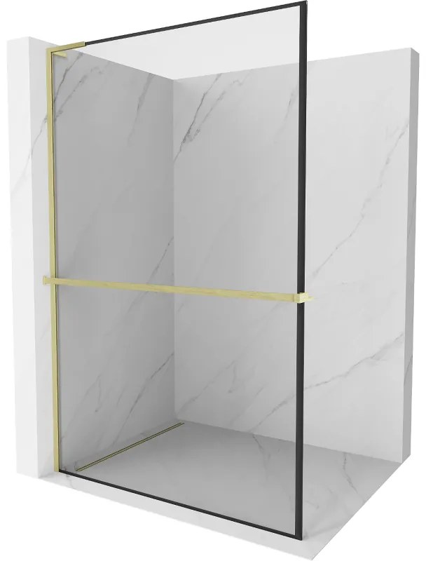 Mexen Kioto+ L, sprchová zástena Walk-In s poličkou a vešiakom 90 x 200 cm, 8mm číre sklo čierny vzor, zlatý matný profil, 800-090-123-55-70