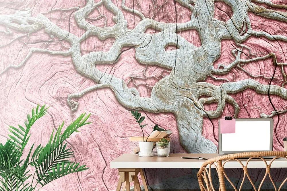 Samolepiaca tapeta abstraktný strom na dreve s ružovým kontrastom - 225x150