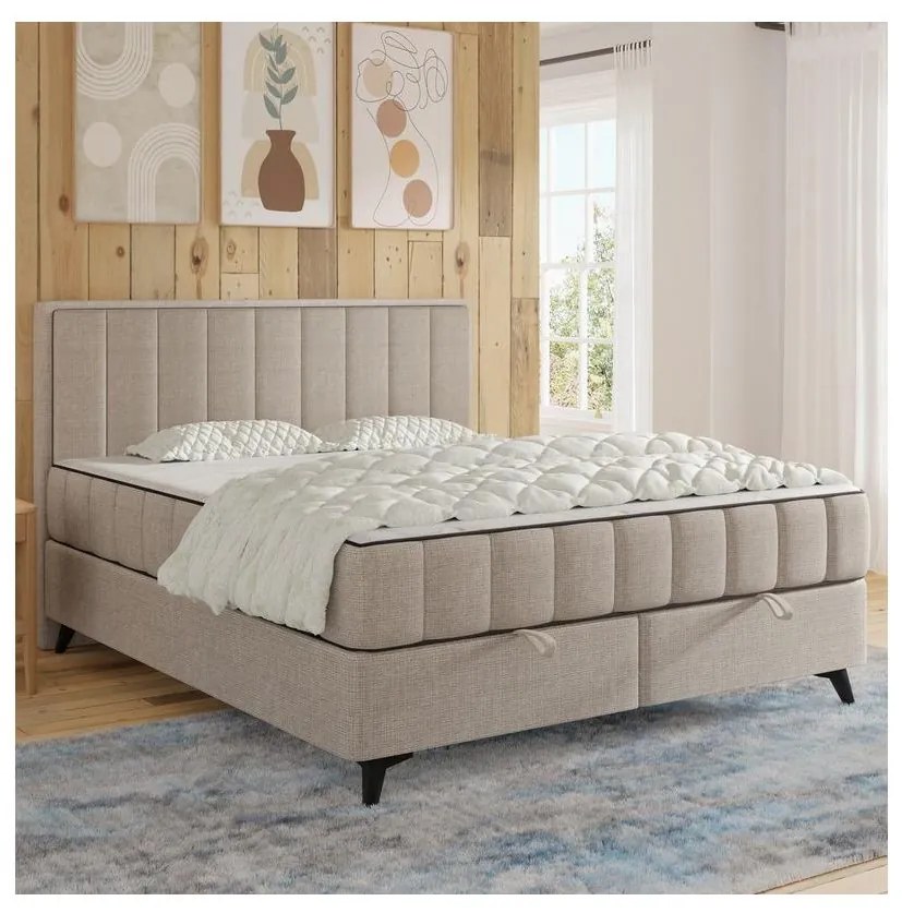 Čalúnená posteľ ALICIA 140x200 cm s matracmi, topperom a úložným priestorom, béžová