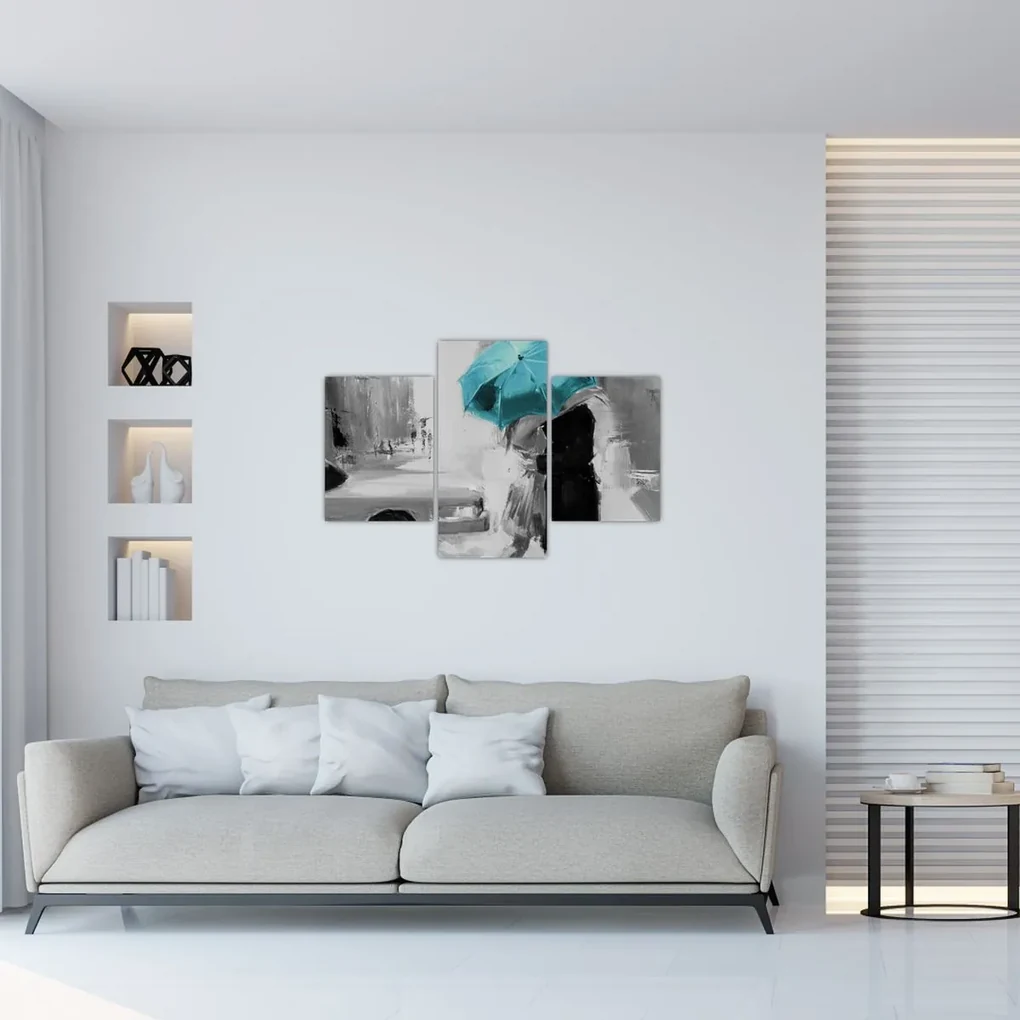 Obraz - Zamilovaný pár s dáždnikom, modrý (90x60 cm)