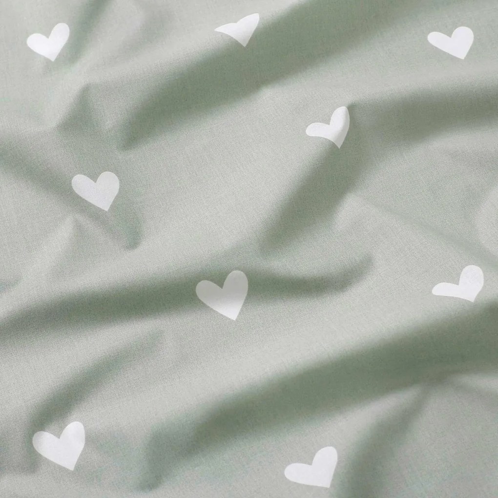 Goldea bavlnené posteľné obliečky - srdiečka na šalviovo zelenom s prúžkami 150 x 200 a 50 x 60 cm