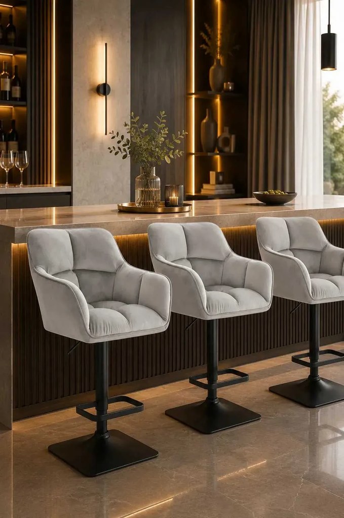 LuxuryForm DESIGN Barová stolička AMALFI VELUR na čiernej hranatej podstave - svetlo šedá