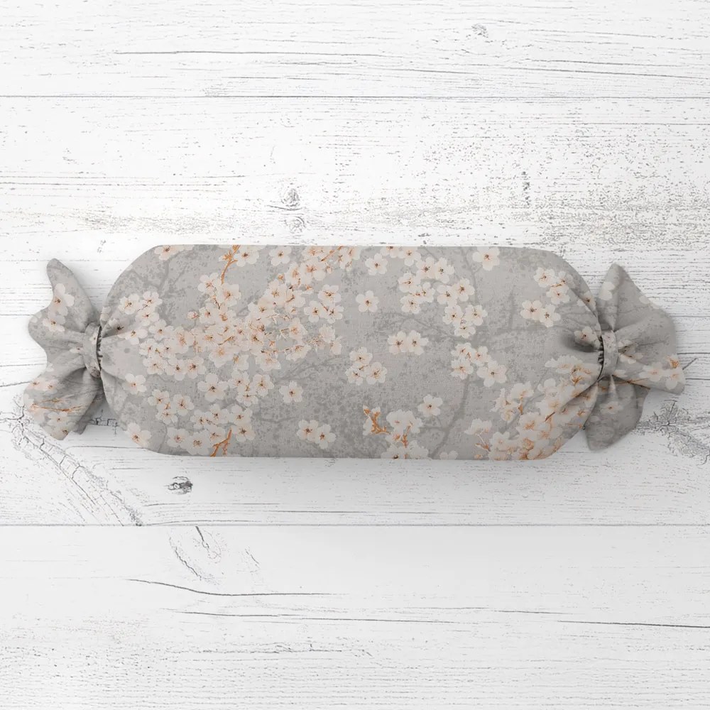 Biante Vankúš valec bonbon Sandra SA-634 Biele čerešňové kvety na sivom 15x40 cm