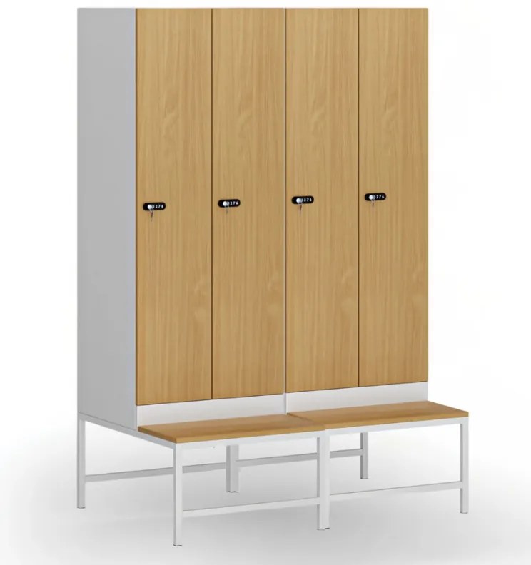 Šatníková skrinka S1 s lavičkou, 2 oddiely, 1875 x 600 x 500/800 mm, demont, mechanický kódový zámok, laminované dvere, dub prírodný