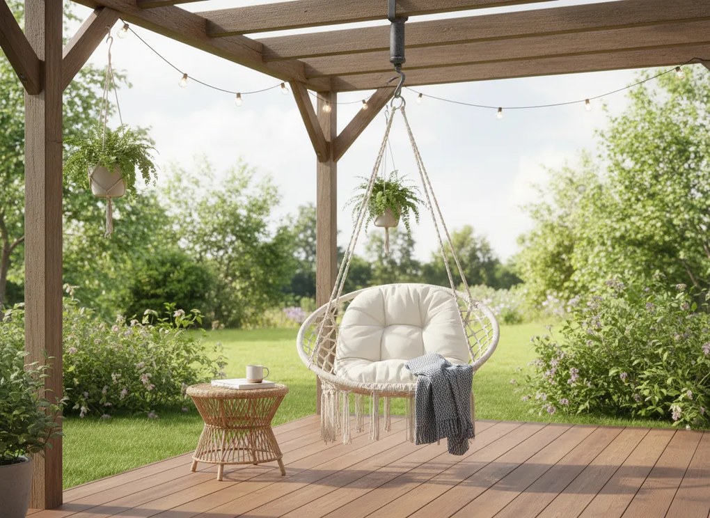 GARDEN LINE Závesné kreslo – Bocianie hniezdo s vankúšom 80 × 60 × 120 cm – béžové