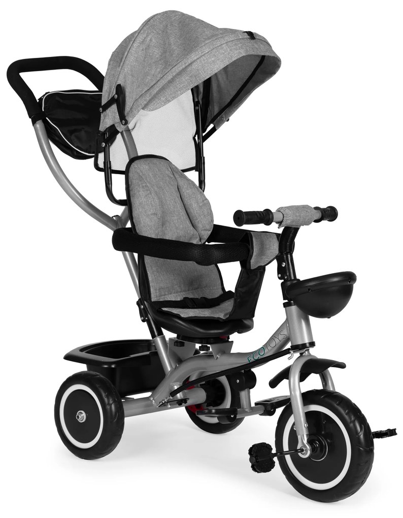 ECOTOYS Trojkolka 2v1 s otočným sedadlom + sklopná strieška - sivá