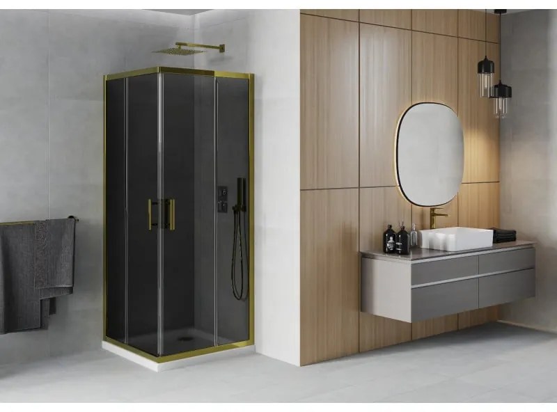 Mexen Rio, štvorcový sprchovací kút s posuvnými dverami 90(dvere) x 90(dvere) x 190 cm, 6mm šedé sklo, zlatý profil + biela sprchová vanička SLIM, 860-090-090-50-40-4010G