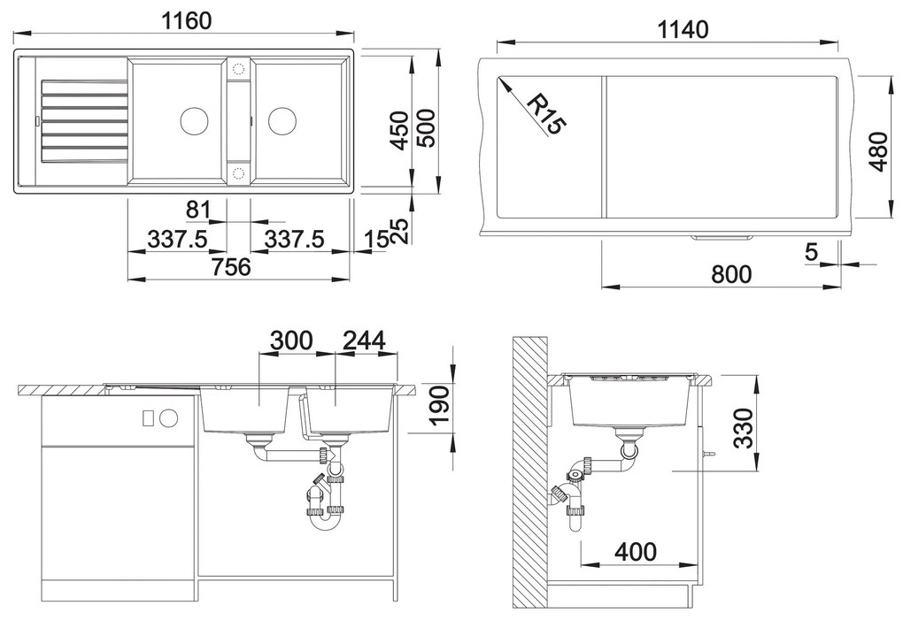 Blanco Zia 8 S, silgranitový drez 1160x500x190 mm, 2-komorový, sivá vulkán, BLA-527392