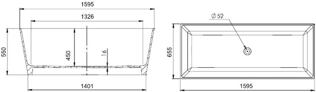 Gelco Gelco, KVADRIE - vaňa, 1590x650x550mm, liaty mramor, objem 360l, biela lesk, GVKV1590
