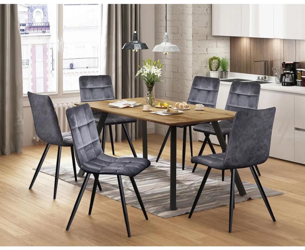 IDEA nábytok Jedálenský stôl BERGEN dub + 6 stoličiek BERGEN sivý zamat