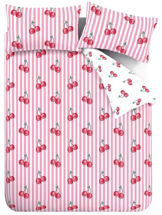 Biele/ružové obliečky na dvojlôžko 200x200 cm Disco Cherries Stripes – Catherine Lansfield