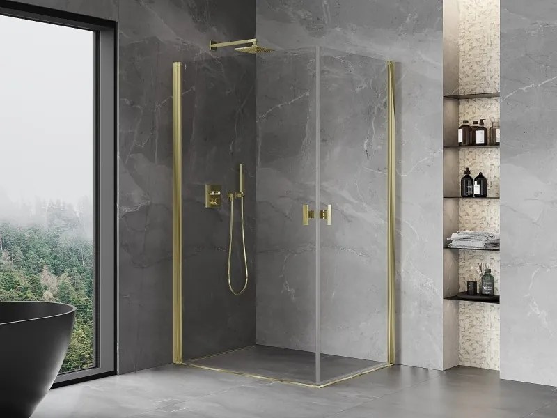 Mexen Mist-B Duo, 2-krídlový výklopný sprchový kút 100 x 80 cm, číre sklo, zlatý lesklý profil, 8A2-100-080-50-00