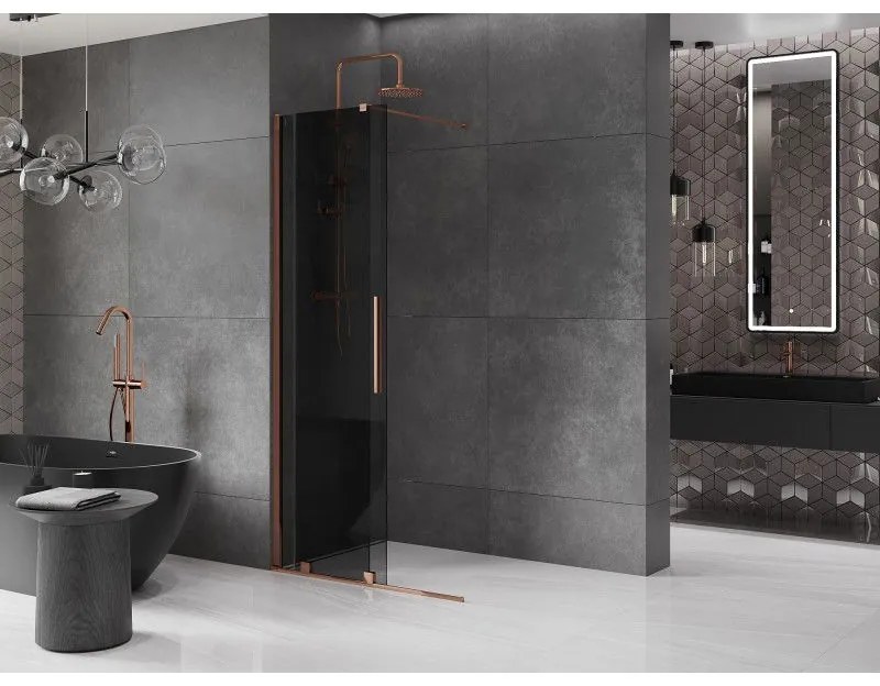 Mexen Velar, sprchová zástena s posuvnými dverami Walk-in 85 x 200 cm, 8mm šedé sklo, ružové zlato, 871-085-000-43-60