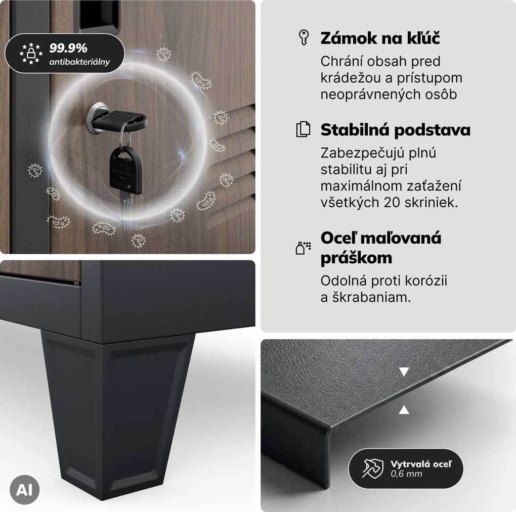 Šatňová skrinka s 20 priehradkami na nožičkách, antracitová/orechová, 1360x1720x450 mm: ROBERT Eco Design