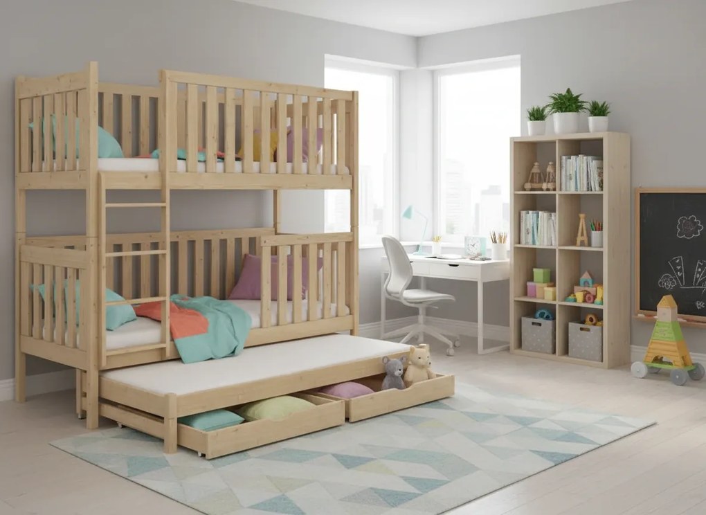 Detská poschodová posteľ z masívu borovice EMIL s prístelkou a šuplíky - 200x90 cm - prírodná