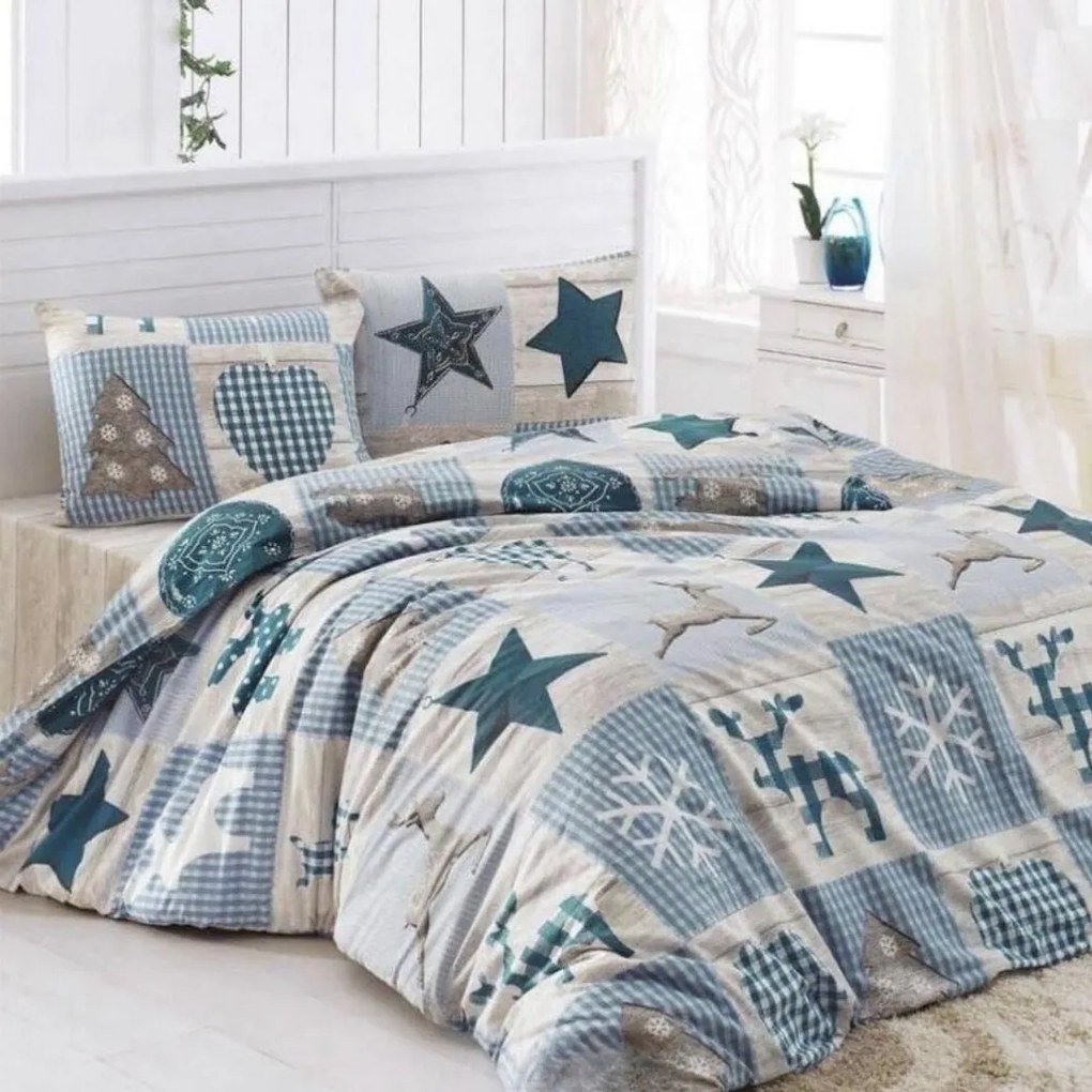 Obliečky bavlnené Vianočné Winter modré TiaHome - 1x Vankúš 90x70cm, 1x Paplón 140x200cm