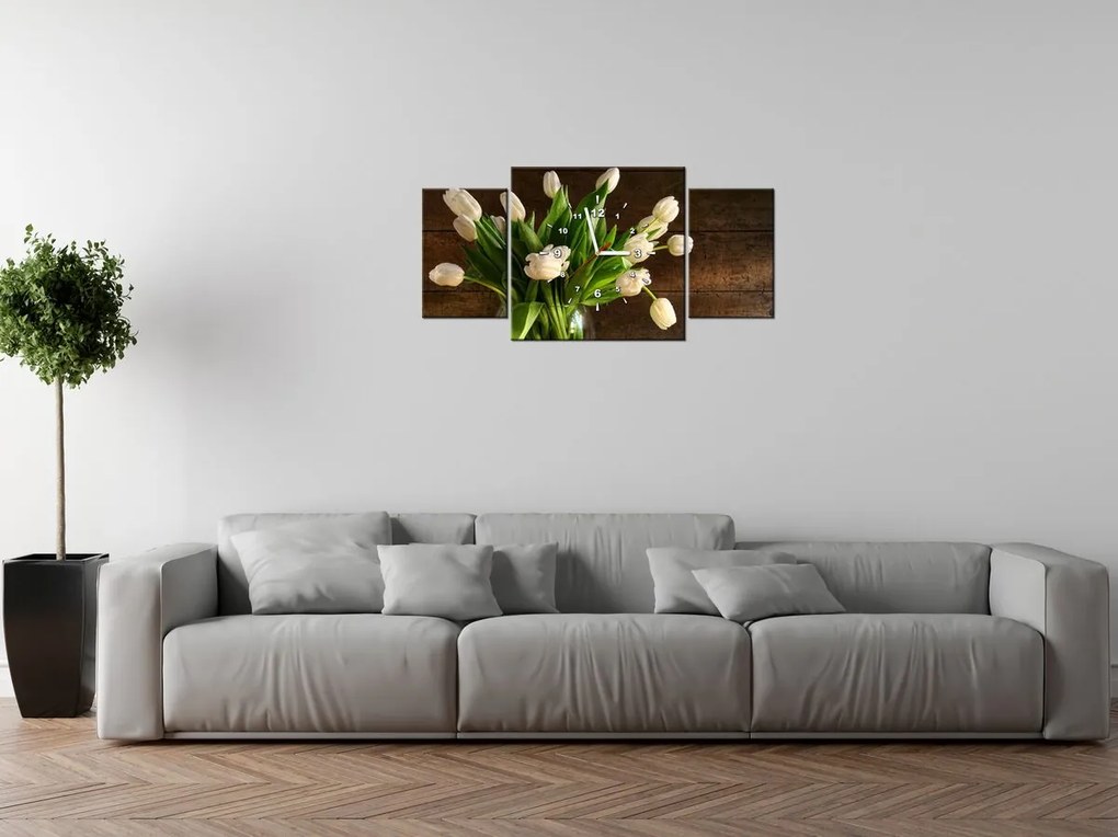 Gario Obraz s hodinami Očarujúce biele tulipány - 3 dielny Rozmery: 80 x 40 cm