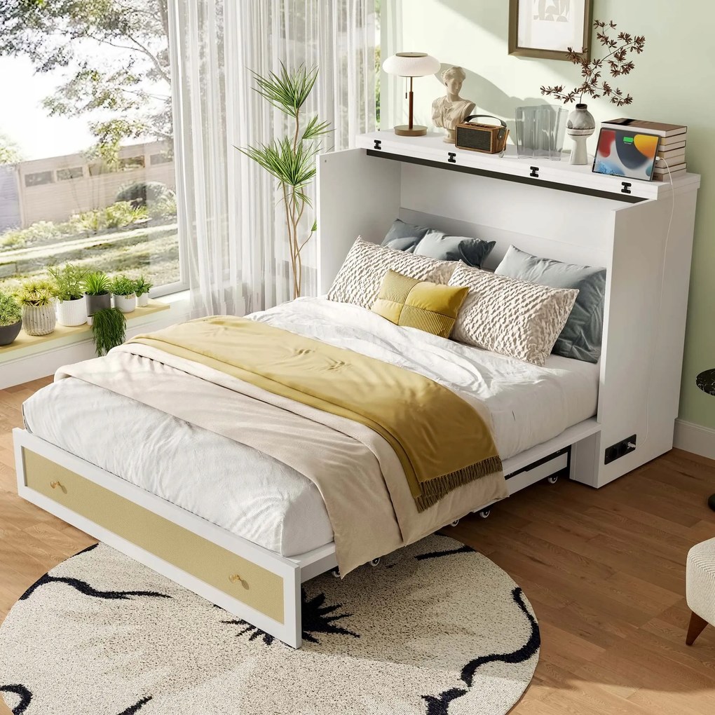 Murphyho posteľ 140x200CM Zasúvateľná posteľ na stenu Rozkladacia posteľ Usb Biela