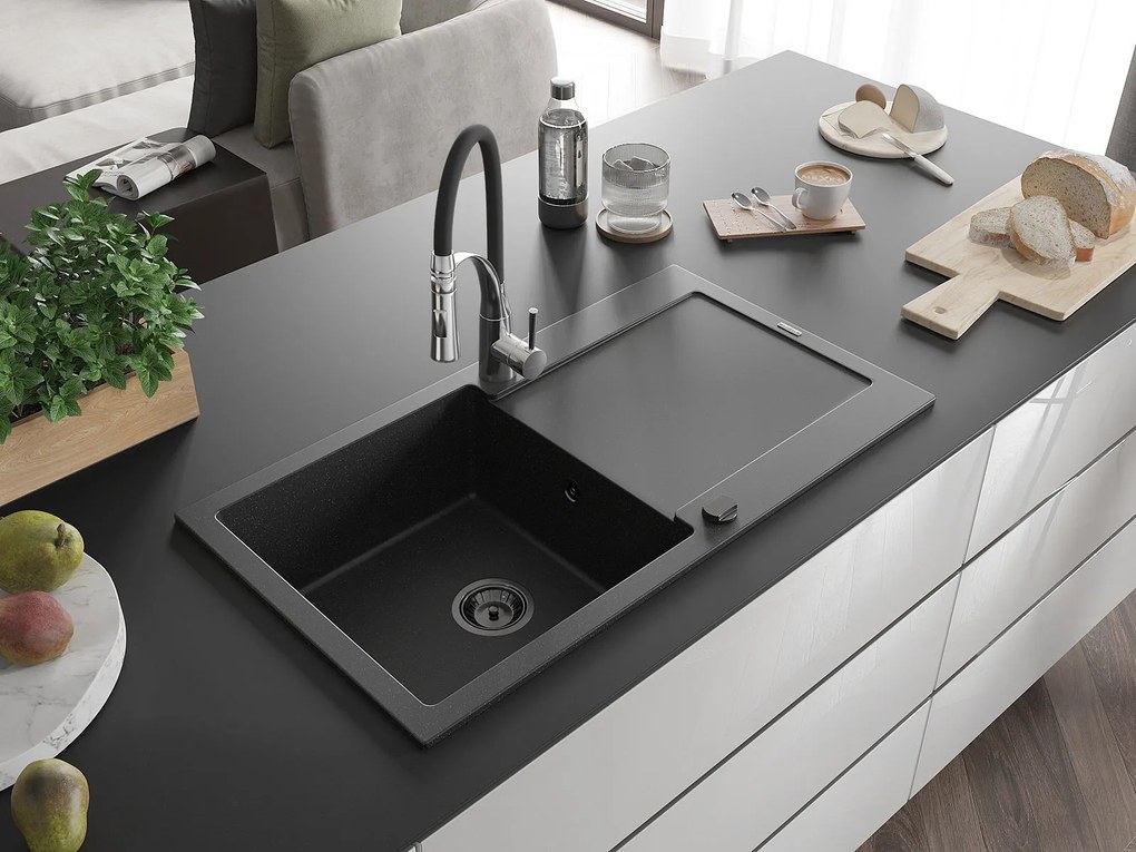 Mexen Leo, granitový drez 900x500x190 mm, 1-komorový a drezová batéria Aster, čierna-strieborná metalíza, 6501-73-73450-07-B
