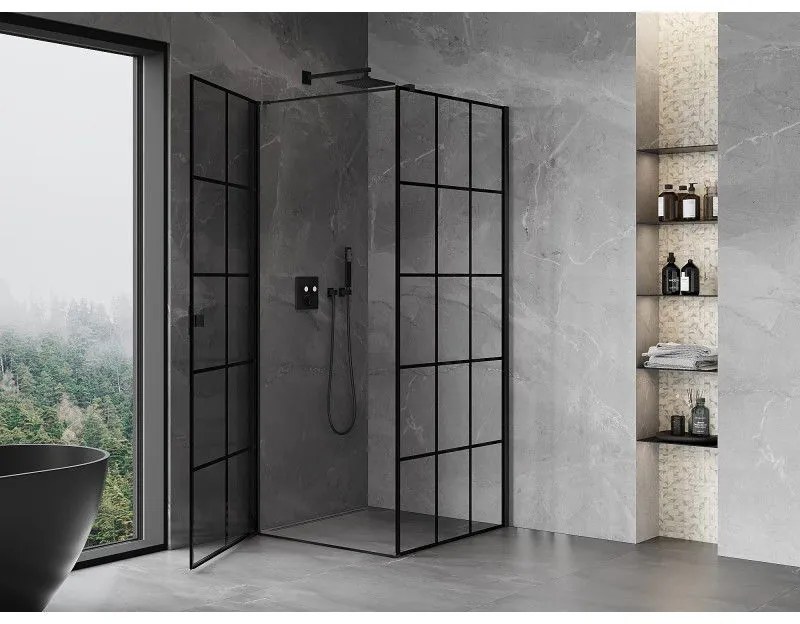 Mexen Mist-B, 1-krídlový výklopný sprchový kút, ľavý, 70 x 70 cm, číre sklo-čierna mriežka, 8A2T-070-070-70-77-L