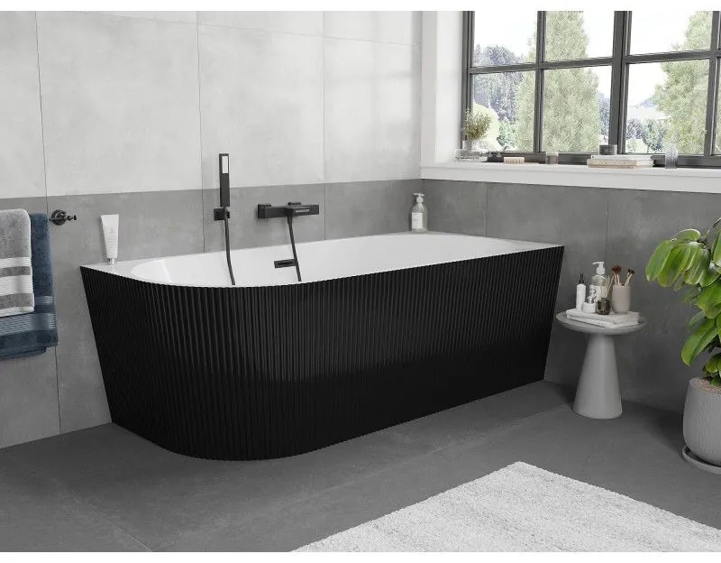 Mexen Silo, rohová voľne stojaca ryhovaná vaňa, pravá, 150 x 75 cm, biela-čierna, čierny matný prepad, 52891507575P-70