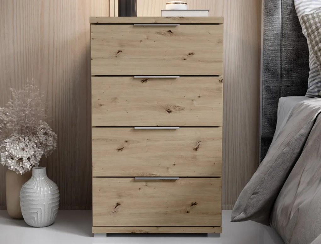 Nočný stolík/skrinka so 4 zásuvkami Smilla, výška 79 cm, dub artisan