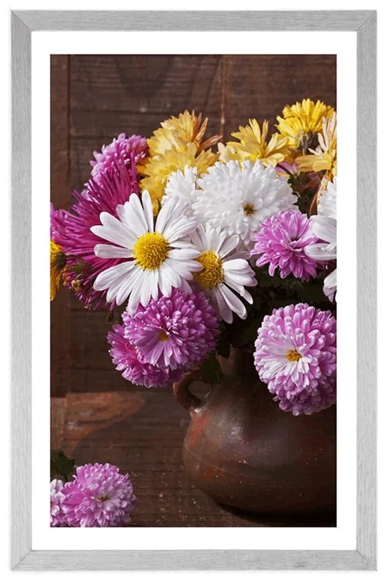 Plagát s paspartou zátišie s jesennými chryzantémami - 40x60 white