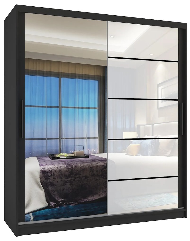 Šatníková skriňa 133 cm Belini čierny mat / biely lesk s posuvnými dverami zrkadlom a zásuvkami MGB SZP6/1/B/1L5W/KLP