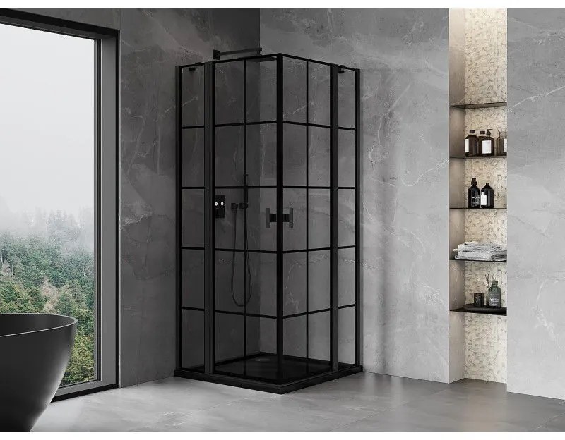 Mexen, Mexen Mist Duo výklopný sprchový kút 85 x 85 cm, čierna mriežka - 8A4-085L-085P-70-77