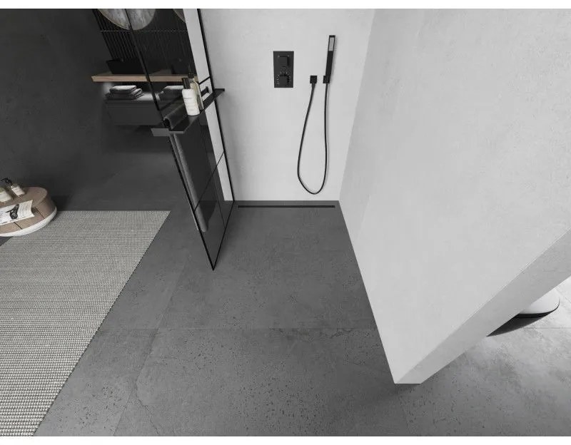 Mexen Kioto+, sprchová zástena s poličkou a držiakom na uteráky 80 x 200 cm, 8mm sklo číre sklo vzor čierny, čierny profil, 800-080-121-70-77