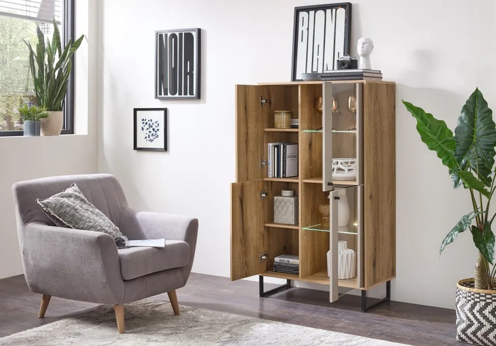 Vitrínová skrinka Cube, dub evoke / pieskovo šedá, s osvetlením