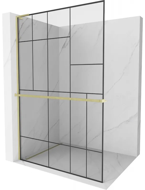 Mexen Kioto+ L, sprchová zástena Walk-In s poličkou a vešiakom 120 x 200 cm, 8mm číre sklo čierny vzor, zlatý matný profil, 800-120-123-55-78
