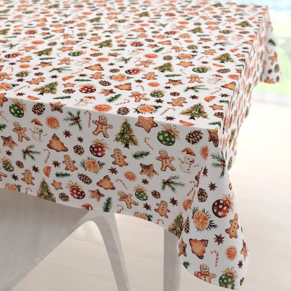 Biante Vianočný bavlnený štvorcový obrus Sandra SA-516 Vianočné perníčky a ozdoby na bielom 150x150 cm