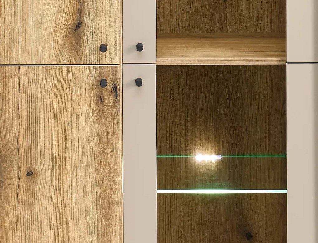 Vitrínová skrinka Cube, dub evoke / pieskovo šedá, s osvetlením