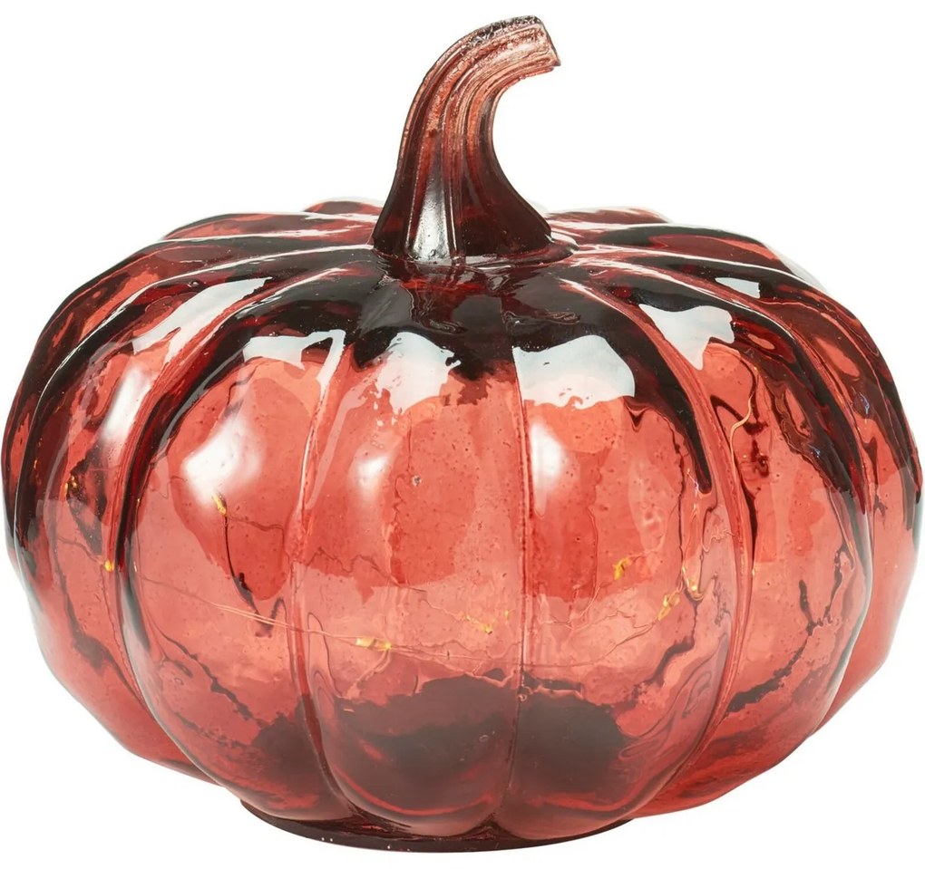 Sklenená svietiaca tekvica 15 x 13 cm, červená, 10 LED diód, na batérie, časovač