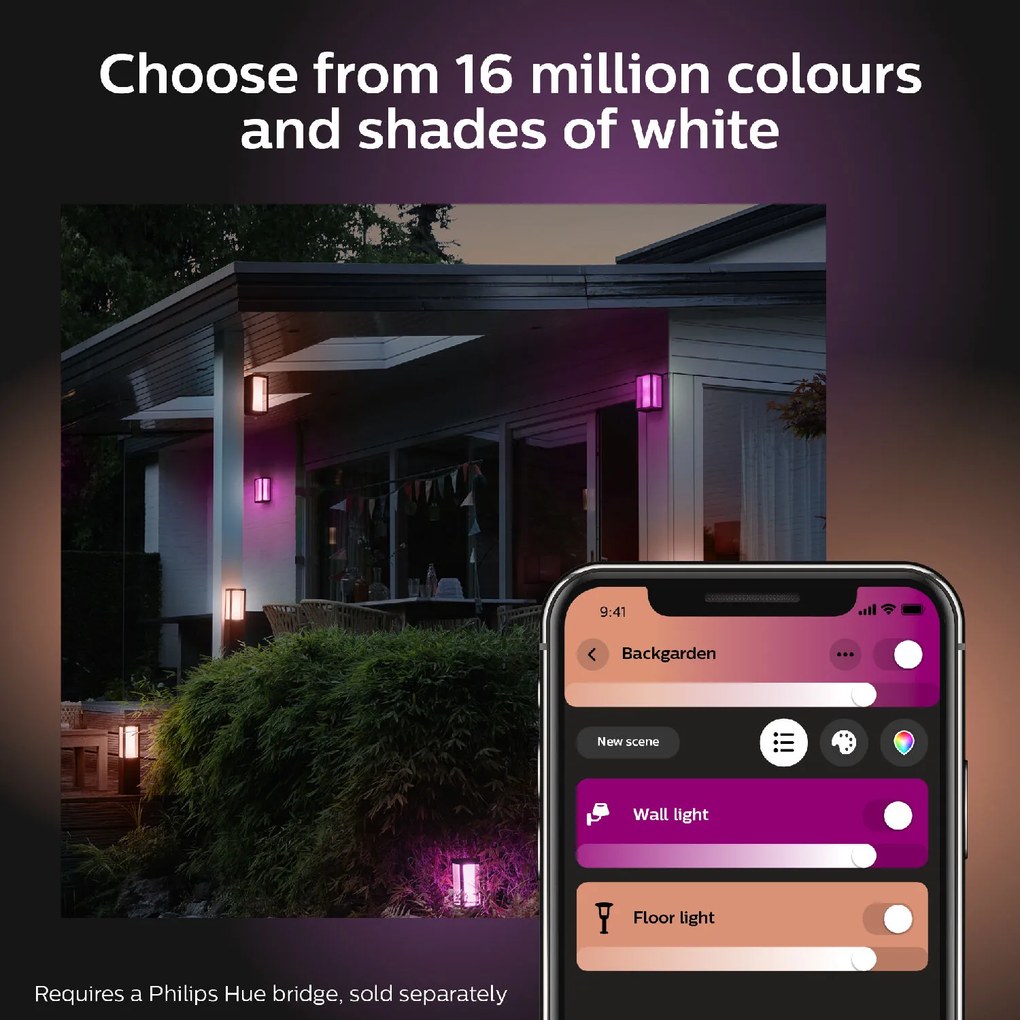 PHILIPS HUE Vonkajšia LED múdra lampa IMPRESS s funkciou RGB, 2x8W, teplá biela-studená biela, čierna, IP44