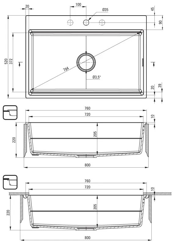 Deante Magnetic, 1-komorový granitový drez 760x520x220mm, antracitová metalíza, DEA-ZRM_T10B
