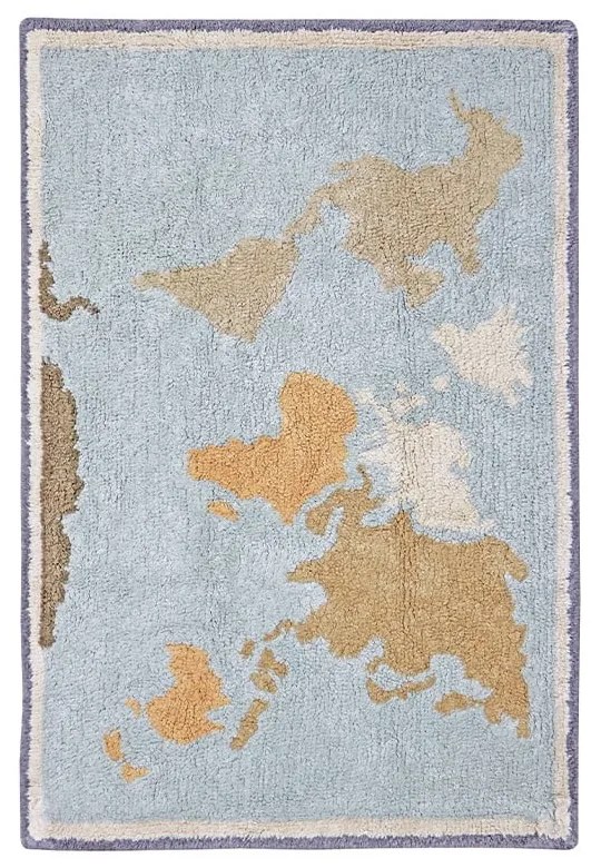 Modro-béžový prateľný ručne tkaný bavlnený detský hrací koberec 70x100 cm Mini Worldmap – Lorena Canals