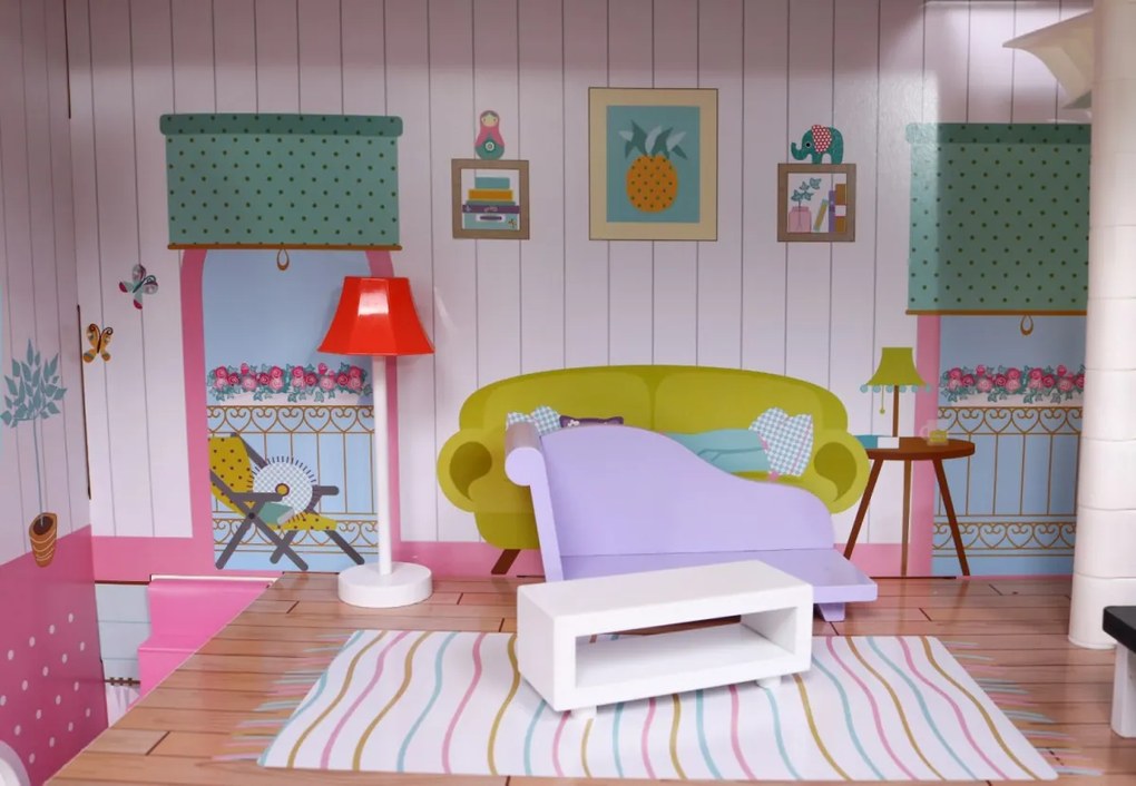 Veľký drevený domček pre bábiky ružovej farby pre deti od 3 rokov, doplnky, nábytok + 3 poschodia