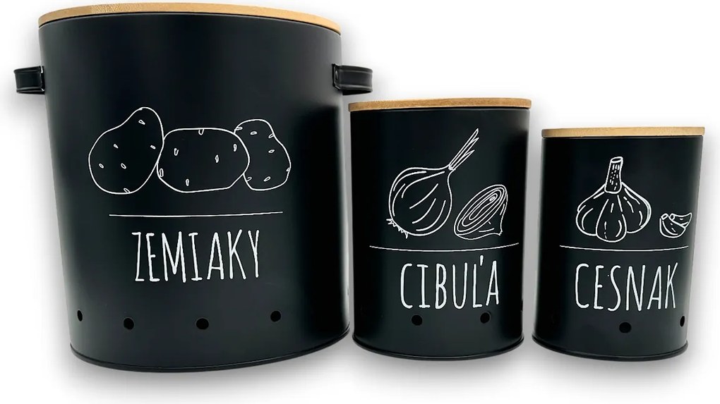 Orion Sada 3 dóz na cibuli, česnek a brambory, plechové s bambusovým víčkem BLACK SK
