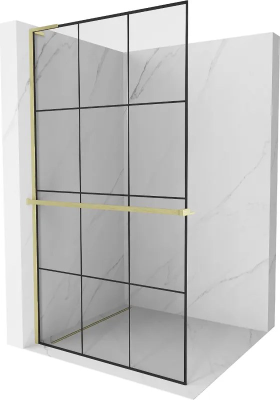 Mexen Kioto+ L, sprchová zástena Walk-In s poličkou a vešiakom 110 x 200 cm, 8mm číre sklo čierny vzor, zlatý matný profil, 800-110-123-55-77