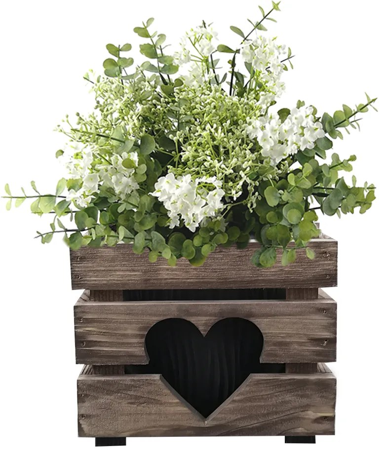AMADEA Drevený obal so srdiečkom s kvetináčom tmavý, 17x17x15cm Český výrobok