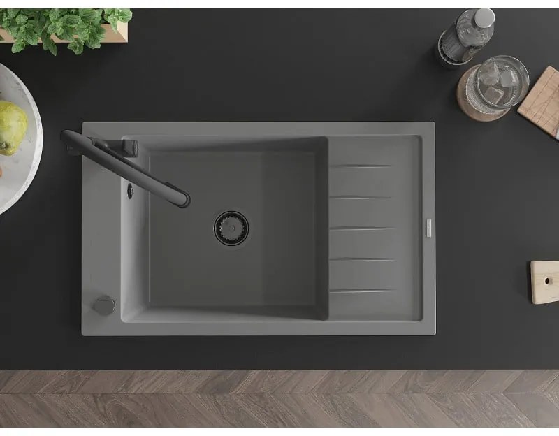 Mexen Elias, 1-komorový granitový drez 795x480x200 mm a drezová batéria Duo, šedá, 6511-71-671701-70-B