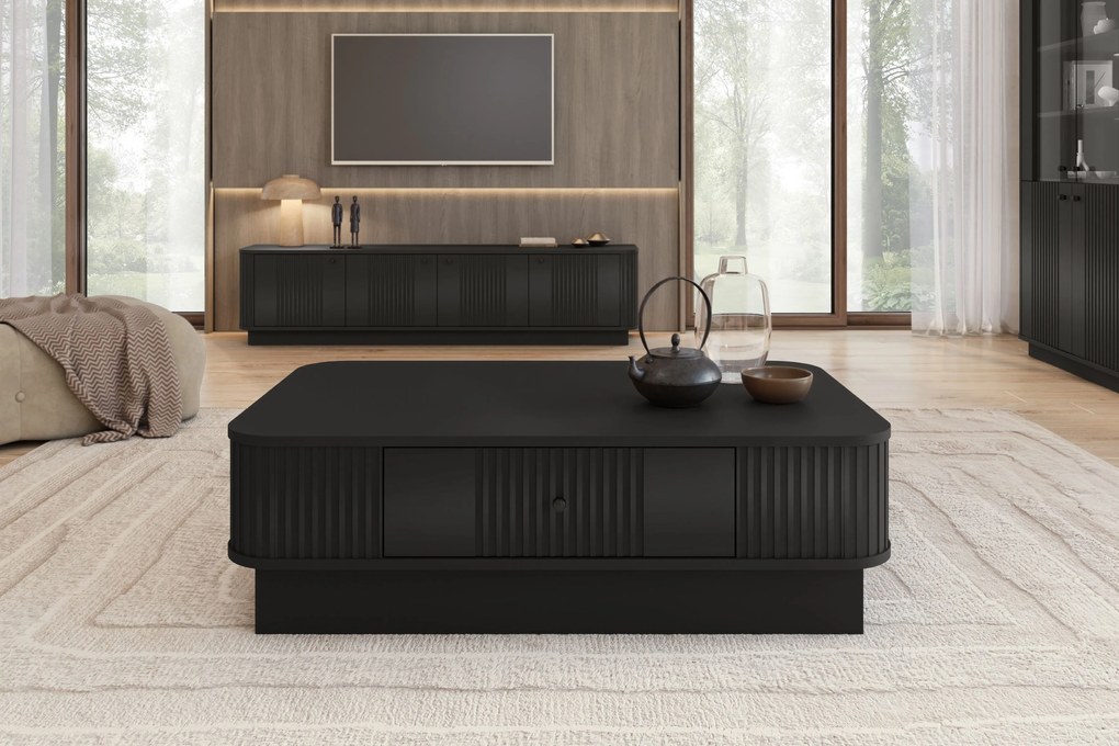 Čierny konferenčný stolík Vesper 103x60 cm so zásuvkou na sokli - čierny úchyt