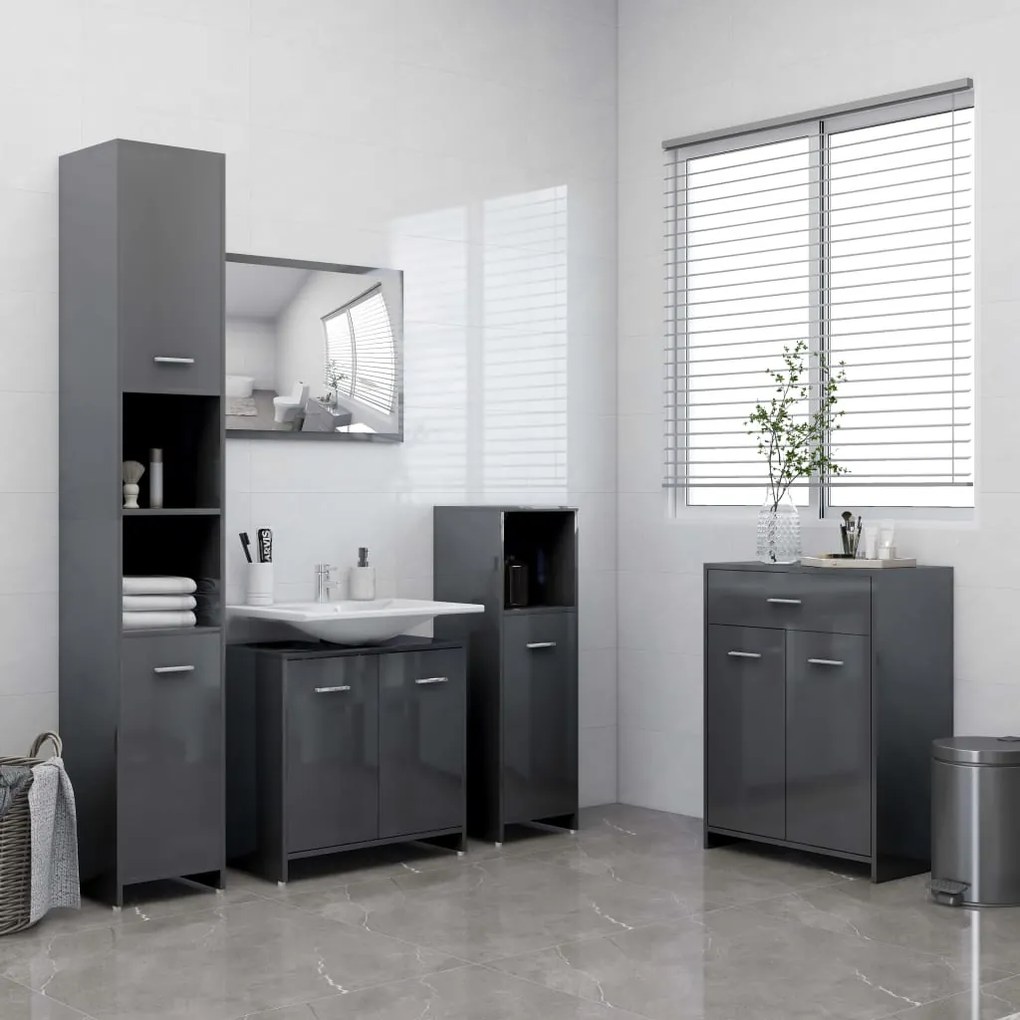 vidaXL 4-dielna súprava kúpeľňového nábytku vysokolesklá sivá