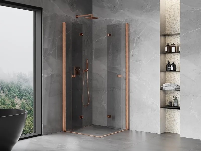 Mexen Mist-F Duo, skladací sprchový kút 90 x 90 cm, priehľadný, brúsená meď - 8A6-090L-090P-65-00