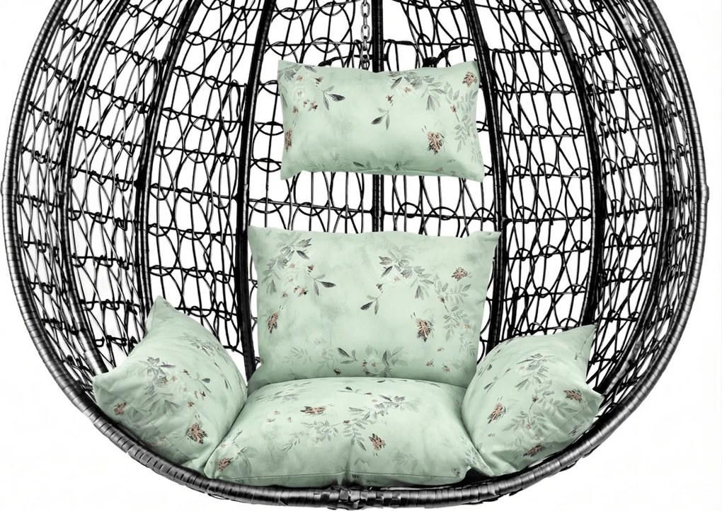 Čierne závesné kreslo KOKON so stojanom, svetlozelený vankúš so vzorom